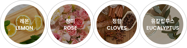 레몬(Lemon), 장비(rose), 정향(cloves), 유칼립투스(eucalyptus)